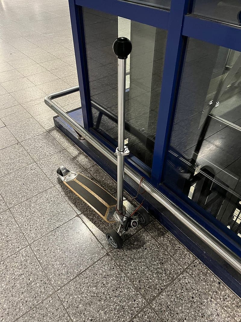 Ein Tretroller liegt flach auf dem Flughafenboden, sein Lenker steckt in einem Metallgeländer